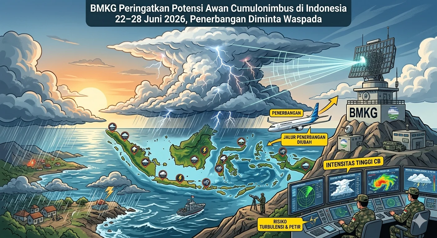 BMKG Peringatkan Potensi Awan Cumulonimbus di Indonesia 22–28 Juni 2026, Penerbangan Diminta Waspada